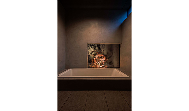 ライトアップされた紅葉が美しいバスルーム夕景。